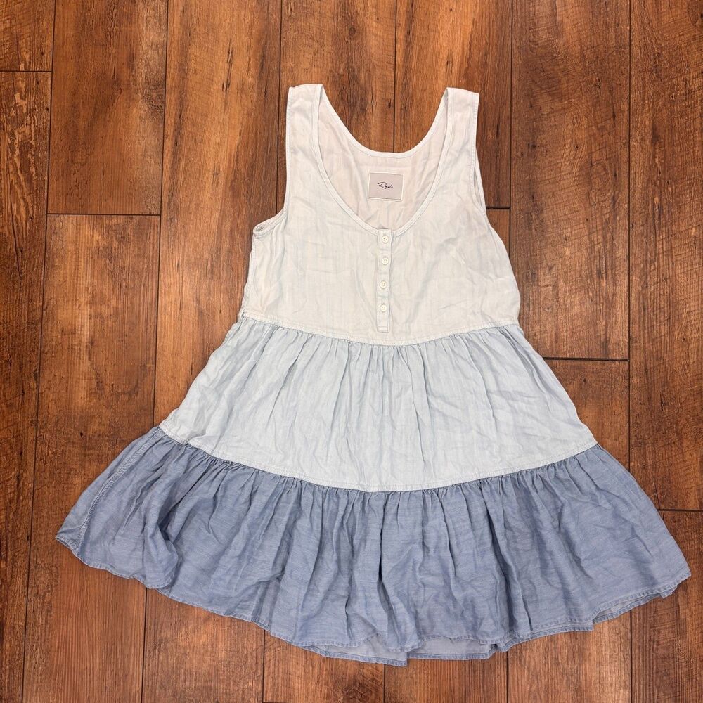 Rails Noelle Ruffle Tiered Sleeveless Baby Doll Chambray Dress Blue Size SP - Picture 2 of 10